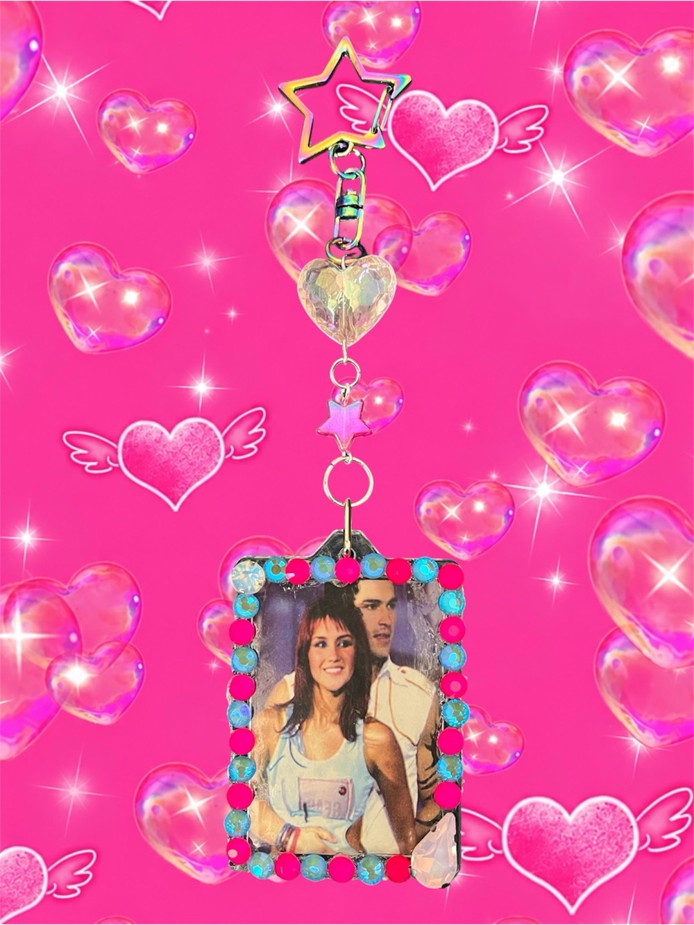 Photo Frame Charm Keychain in Hot Pink & Turquoise